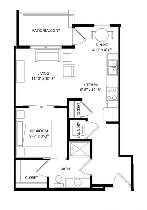 Floor plan for studio, 1 bath, 597 sqft